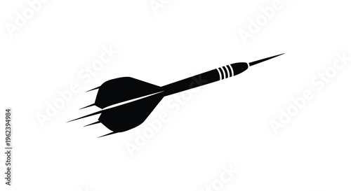 Silhouette of a dart with a sharp tip and fletching pointing to the right on a white background