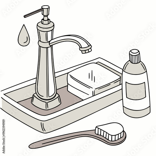 An illustration of a bathroom sink with a toothbrush, toothpaste, and soap dispenser