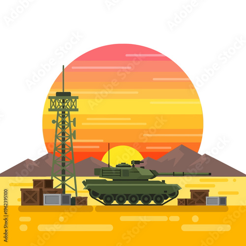 Military tank and watchtower in desert landscape at sunset, war, army, conflict, military equipment