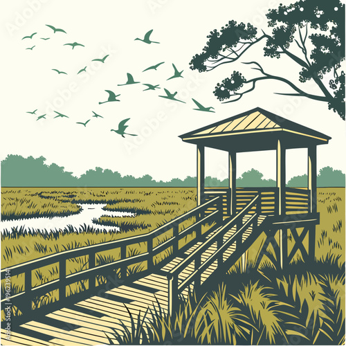 A wooden boardwalk leads to a gazebo in a serene natural setting with birds flying overhead in the sky
