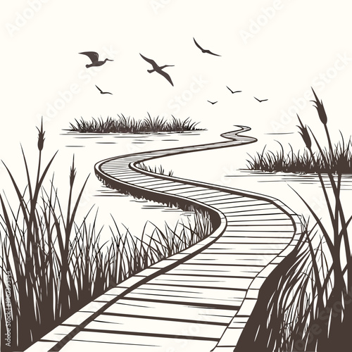 A winding wooden boardwalk through a serene wetland with tall grasses and flying birds in a peaceful natural setting with a beige background