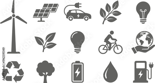 Renewable energy eco icons wind turbine solar panel electric car recycling green technology sustainable environment clean lifestyle vector illustration set