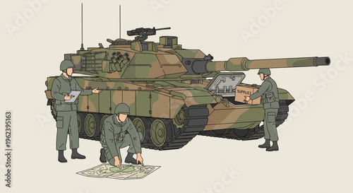 Military Tank Crew Planning Mission with Map and Supplies