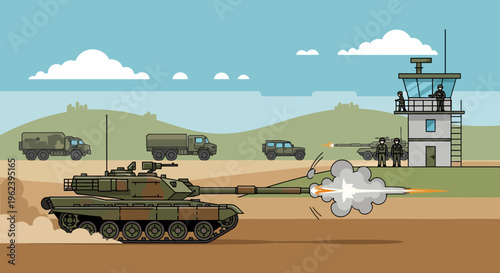 Military Tank Firing Cannon at Training Ground with Control Tower and Vehicles