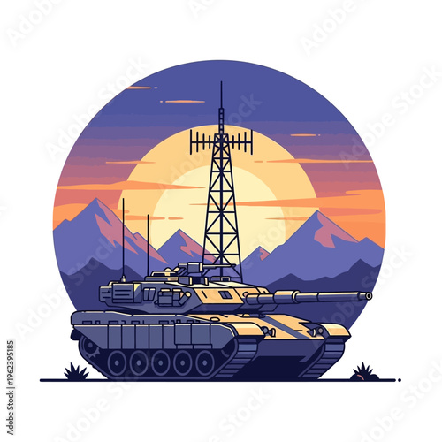 Military Tank with Communication Tower at Sunset Over Mountains