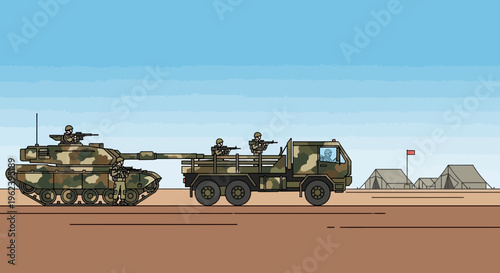Military Tank Transported by Truck in Desert Camp Scene