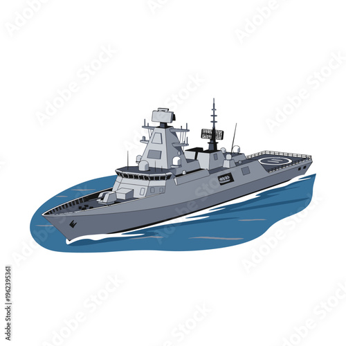 Modern grey warship sailing on blue water, military naval vessel, ocean transport