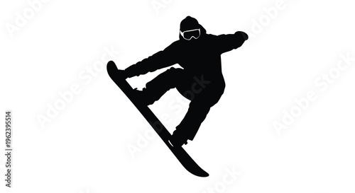 Silhouette of a skier in motion performing a dynamic jump on skis with a hat