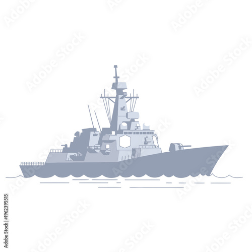 Modern Warship Illustration, Naval Destroyer at Sea, Military Vessel