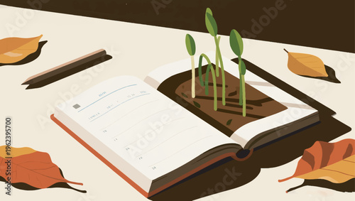 Illustration Of An Open Diary With Blank Pages, Starting To Turn Into Green Shoots Vector Design Template