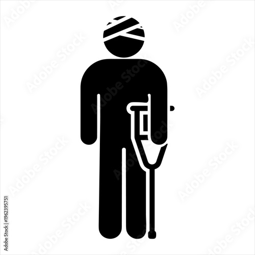 Injured person with bandaged head and crutch vector icon