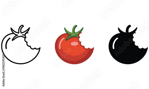 Vector graphic illustration of three tomato icons in different styles and colors for design and branding purposes