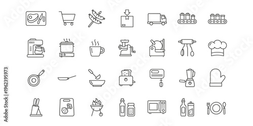 Vector illustration of kitchenware and cooking icons including utensils, appliances, food preparation and culinary tools