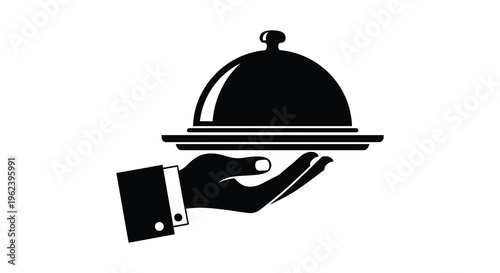 Silhouette of a hand holding a covered serving dish with a dome lid silhouette