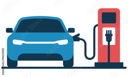 Electric vehicle charging at a modern charging station with a blue car