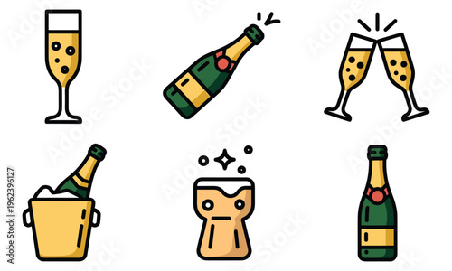 Vector graphic illustration of champagne bottles and glasses celebrating a festive occasion with ice bucket and toasting
