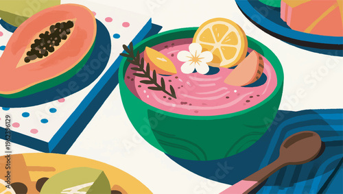 Illustration Of A Smoothie Bowl Decorated With Fruits And Flowers, Reflecting A Healthy Lifestyle Vector Design Template