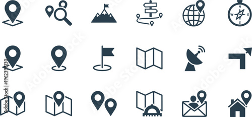 Vector illustration of navigation and location icons including maps, pins, compass, globe and directional signs