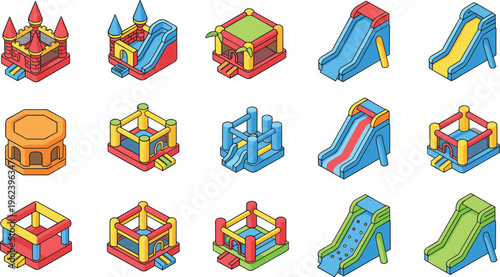 Vector illustration of colorful inflatable play structures including bounce houses, slides and obstacle courses for children