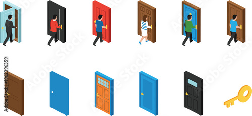 Vector illustration of colorful doors with people entering and golden key symbolizing access, choice and transition