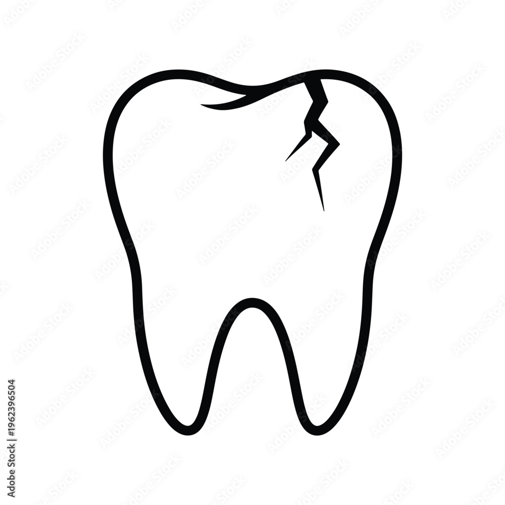 Obraz premium Human tooth with crack outline vector for dental care concept