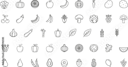 Vector illustration of fruits and vegetables icons including lettuce, pumpkin, apple, banana, tomato and more