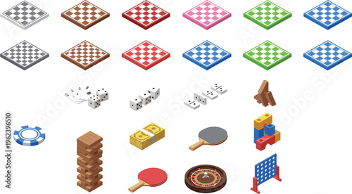 Vector illustration of gaming icons including checkerboards, cards, dice, poker chip, roulette wheel and board games