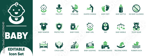 Baby Solid icon set. children, diaper, infant, newborn, parenting, pediatric, twin, bib, and vector.