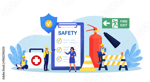 OSHA concept. Occupational safety regulations and health inspection. Government service protecting safety at job. Worker security protection policy. Caution regulation document for trauma prevention