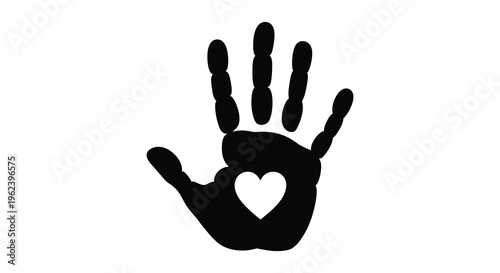 A black silhouette of a hand with a heart in the palm facing forward