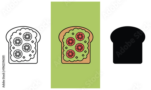 Vector graphic illustration of toast with green spread and tomatoes in different design formats for various uses