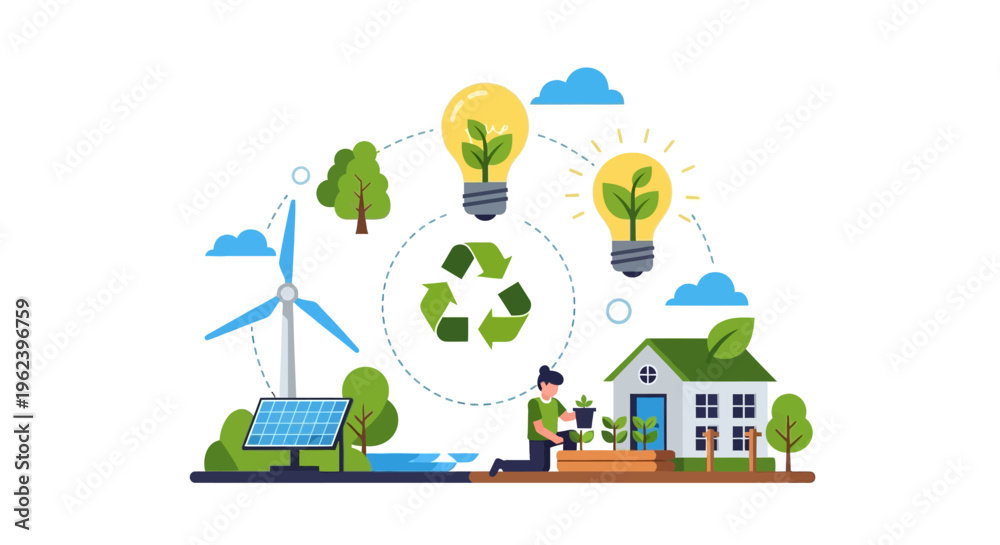 Fototapeta premium Sustainable Green Energy and Eco-Friendly Living Concept with Renewable Resources Illustration