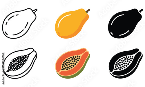 Papaya vector illustration set featuring colorful and black and white designs