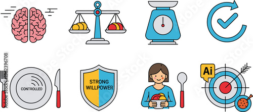 Controlled Eating and Willpower Icon Set with Mindful Eating, Strong Willpower, Balanced Diet, Food Control, Targeted Meals, and Portion Management Concepts