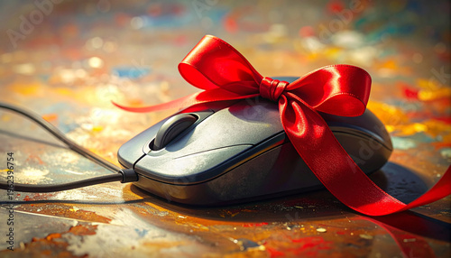 Computer mouse with red ribbon bow on a colorful artistic background