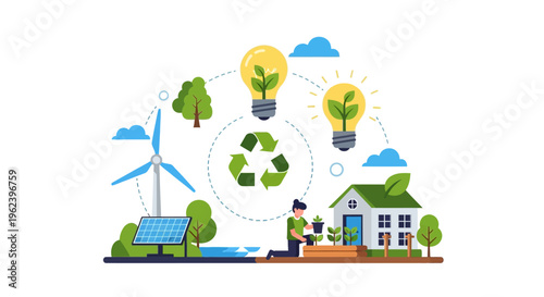 Sustainable Green Energy and Eco-Friendly Living Concept with Renewable Resources Illustration