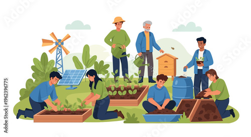 Sustainable Community Garden with Diverse People and Renewable Energy