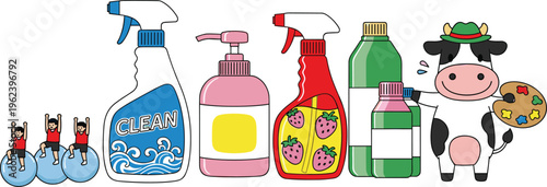 Household Cleaning Bottles, Light Bulbs, Paint Can, and Cute Cow Cartoon Vector Set for Home, Farm, and Utility Designs