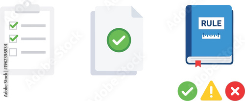 Compliance icons including a clipboard checklist, a verified document, and a rule book are displayed against a white background.