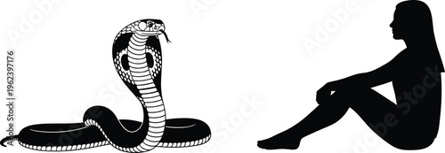 Black and white silhouette of a woman sitting peacefully facing a king cobra snake vector illustration isolated on white background.