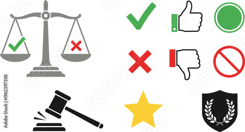 Scales of justice, approval symbols, and a judge's gavel represent concepts of law, quality assurance, and decision making on a white background.