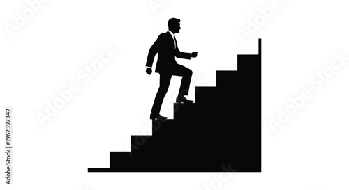 Silhouette of a man climbing up a staircase ascending to success