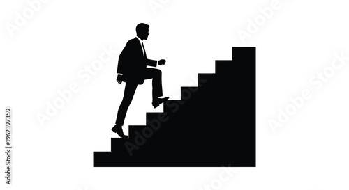 Silhouette of a man climbing up a staircase ascending to success