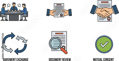 Collection of six business concept icons illustrates agreement exchange, document review, and mutual consent achievements for legal processes.