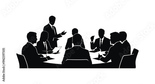 Business meeting in a conference room with a presenter and audience in silhouette