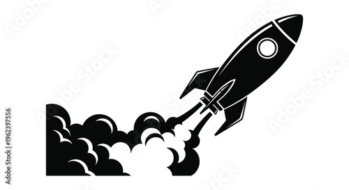 Silhouette of a rocket ship blasting off into space with flames and smoke