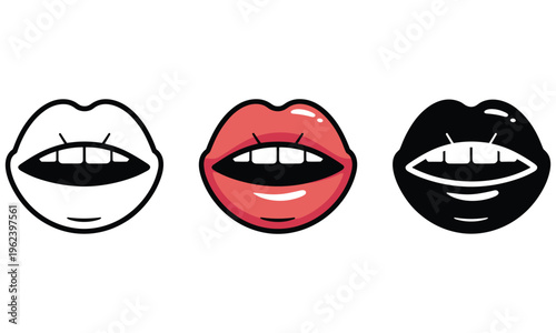Colorful vector illustration of three smiling lips with different colors