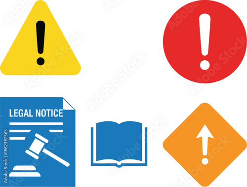 A compilation of warning and informational icons, featuring a caution triangle, an exclamation mark in a circle, a legal notice document, an open book, and an upward arrow.