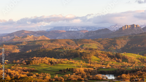 Sunset over Peña Cabarga mountains and Pisueña Valley, Penagos, Cantabria, Spain.