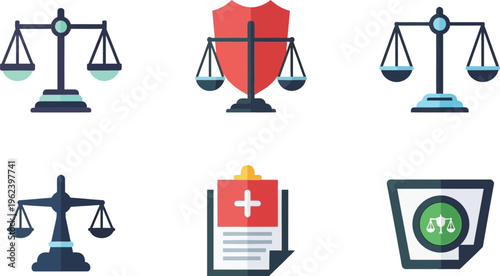 A compilation of flat icons symbolizing justice, law, and healthcare, featuring scales, shields, and medical documents.